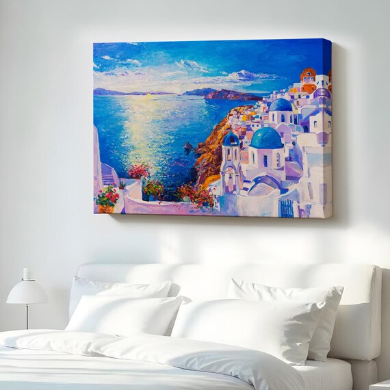 Greek Island Seaside Town Blue Domes White Houses Coastal Wall Poster