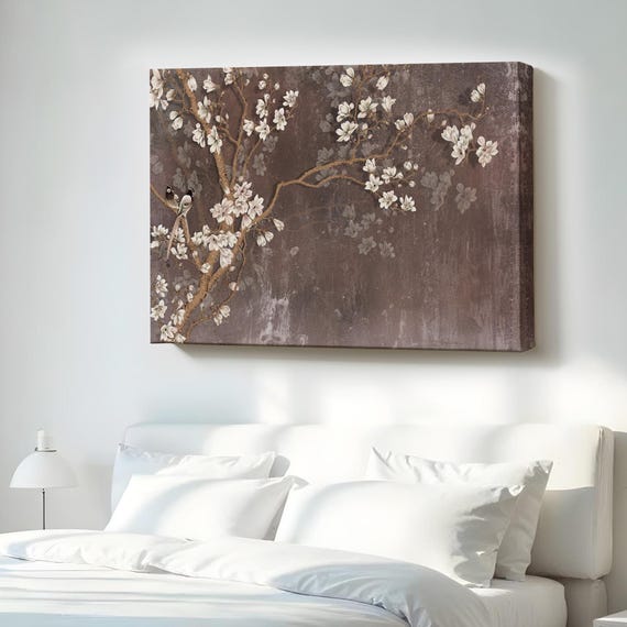 White Flowers On A Tree Oil Painting Look Decorative Canvas Wall Art Abstract Housewarming Gifts Print