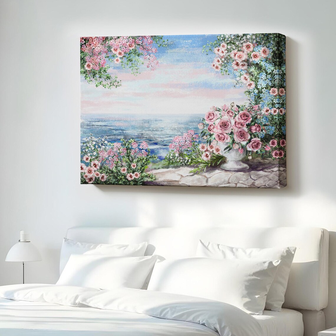 Pink Roses Terrace Overlooking the Ocean Romantic Seascape Garden Poster