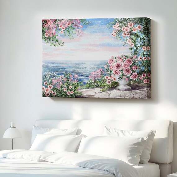 Pink Roses Terrace Overlooking the Ocean Romantic Seascape Garden Poster
