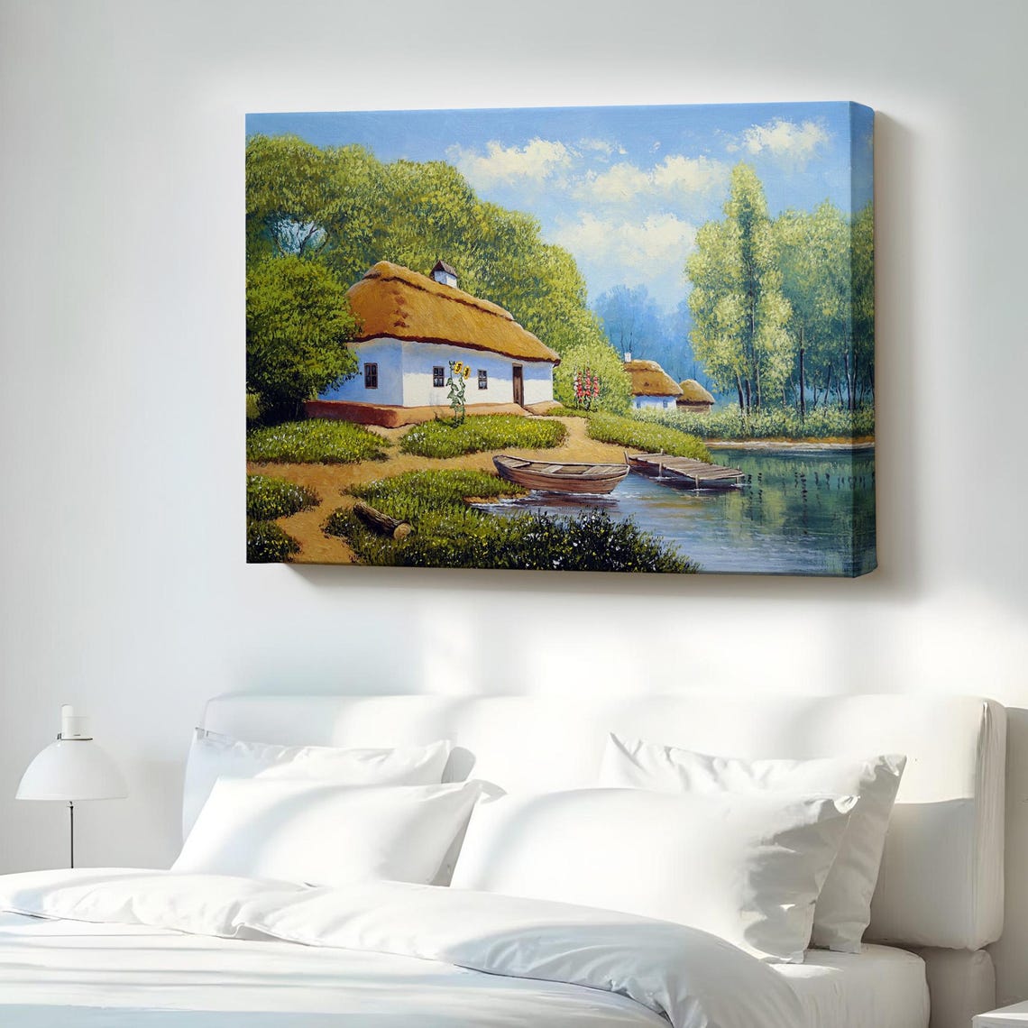 Thatched Roof Cottage By The River With Rowboat Landscape Print