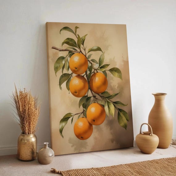 Orange Fruit Canvas Wall Art Citrus Kitchen Decor Botanical Realistic Print Mediterranean Food Artwork Framed Rustic Farmhouse