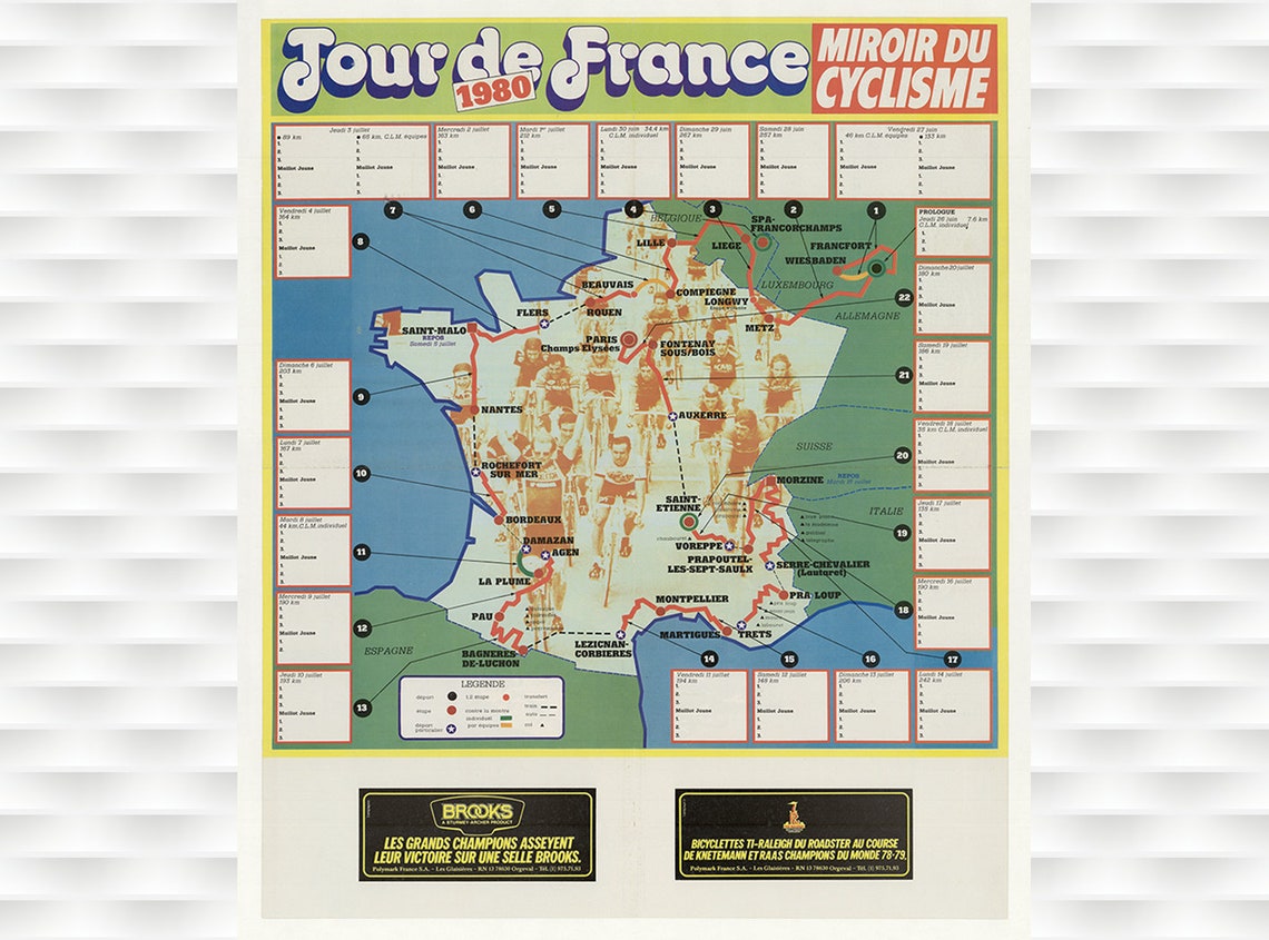 Tour de France 1980 Miroir du Cyclisme Route Map Vintage Sports Poster