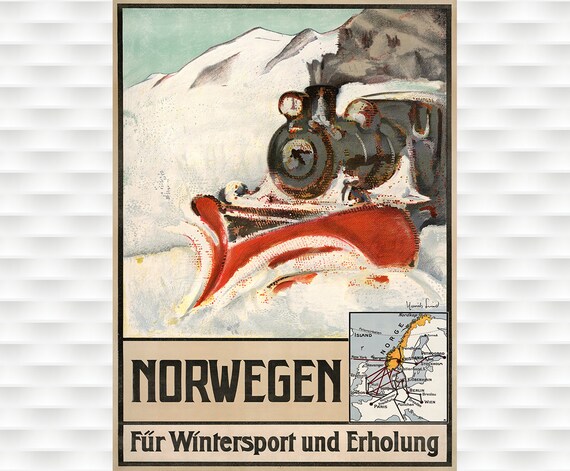 Norwegen Winter Sports Railway Snow Train Vintage Norway Poster