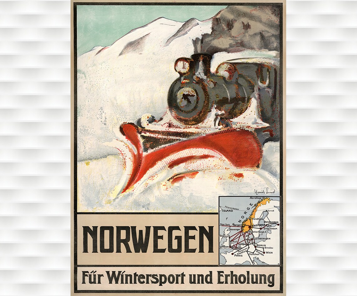 Norwegen Winter Sports Railway Snow Train Vintage Norway Poster