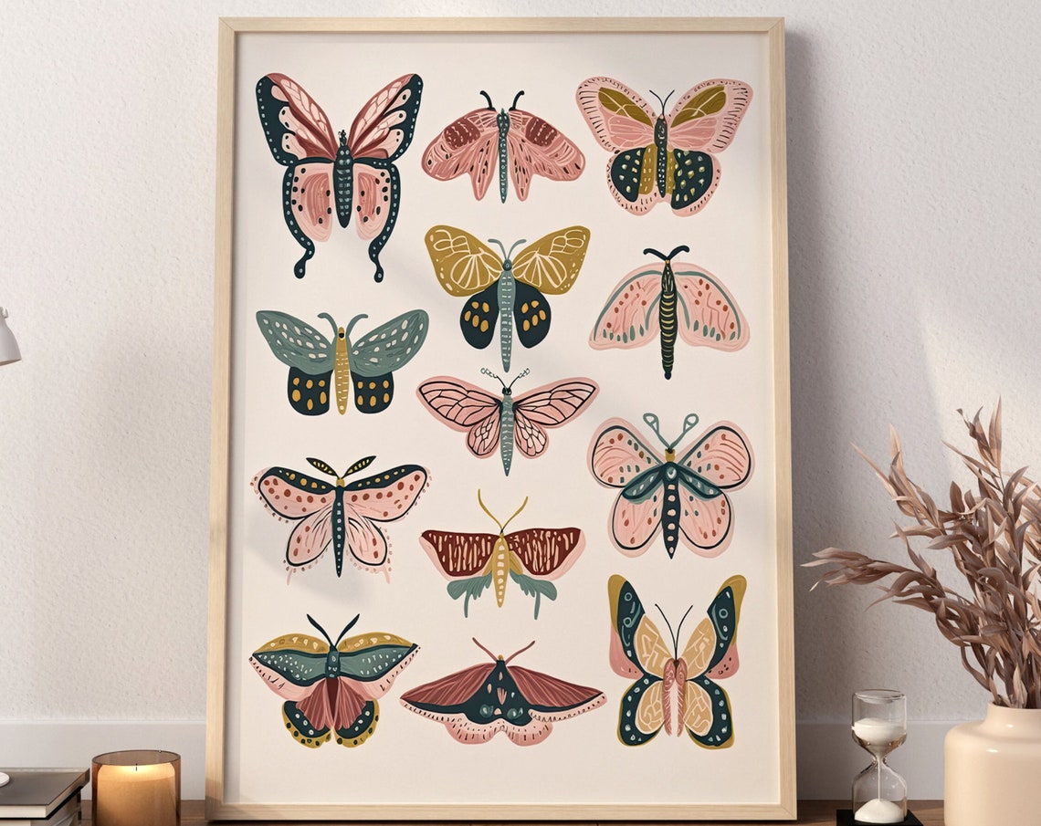 Twelve Pastel Butterflies Boho Moth Chart Nursery Decor Poster
