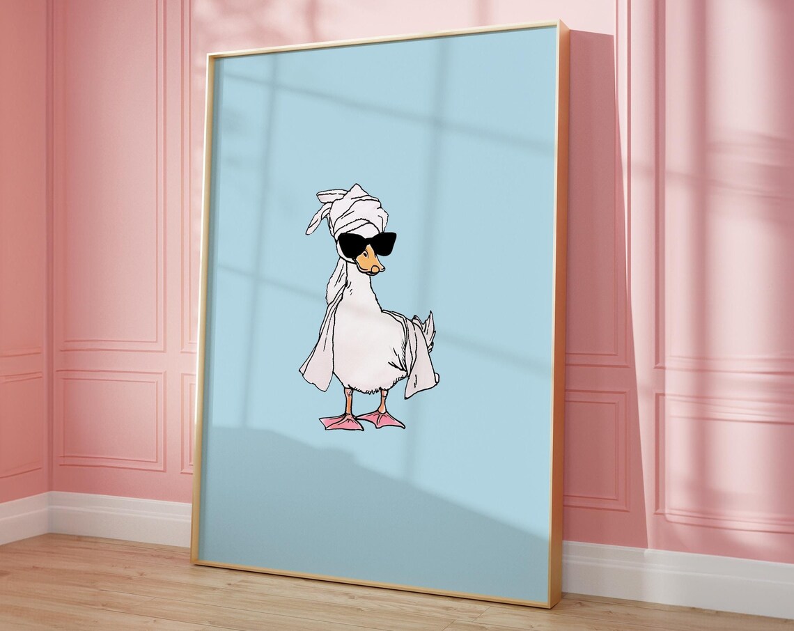 Duck In Towel Girl Print, Minimalist Bathroom Art