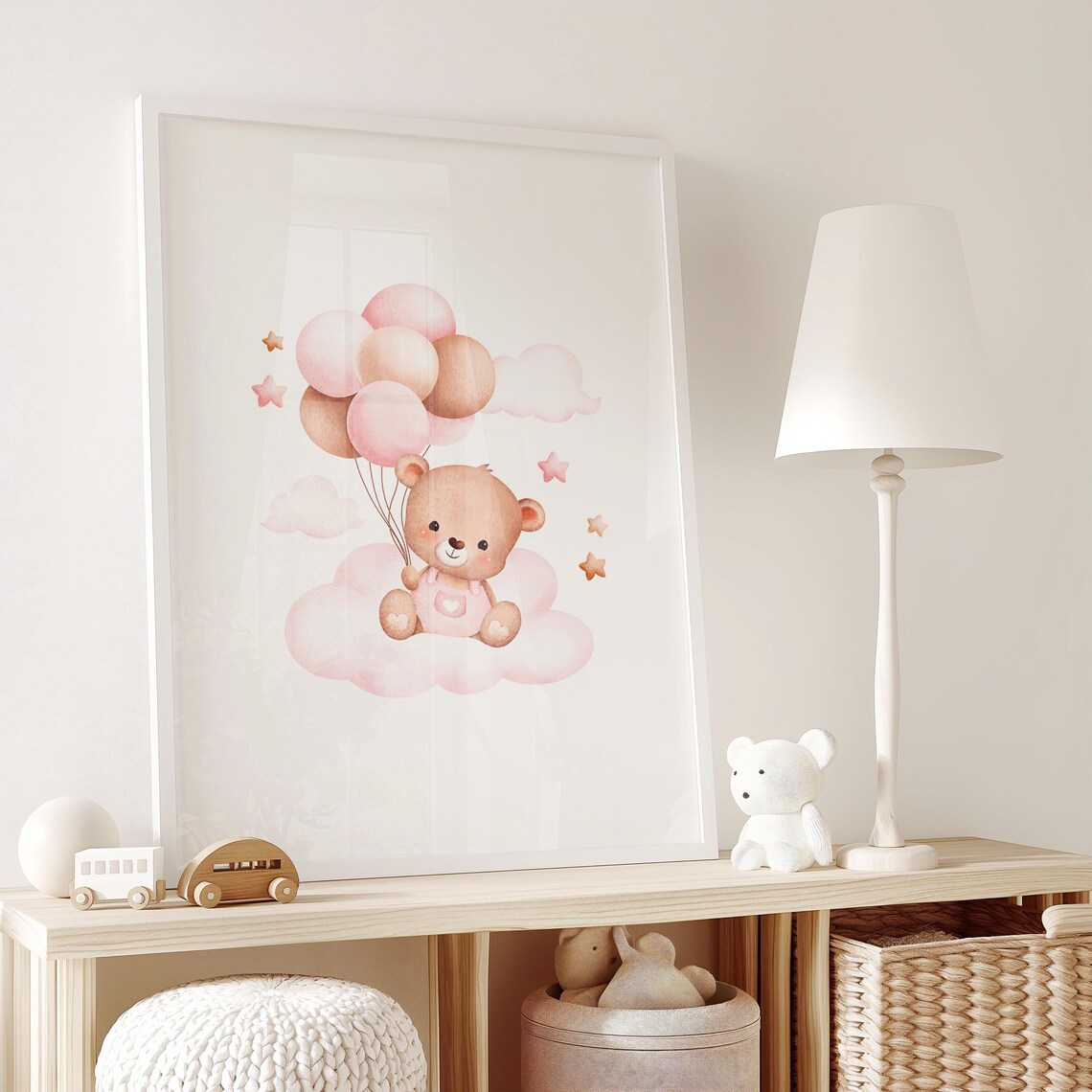 Sweet Teddy Bear Floating on Balloons Above Pink Clouds Poster - Image 2