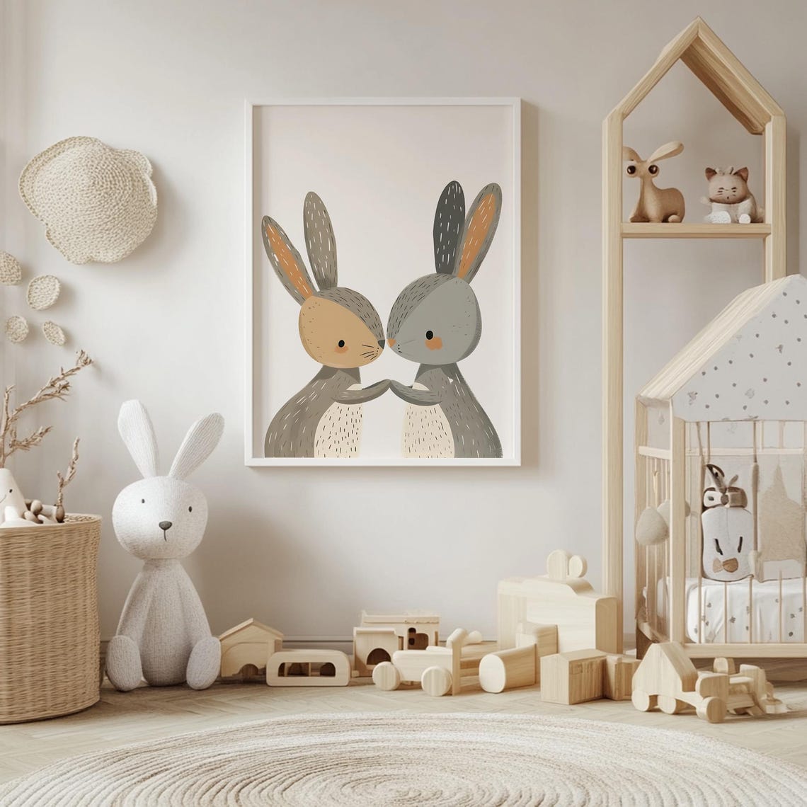 Two Snuggling Bunnies Nose to Nose Scandinavian Nursery Poster - Image 4