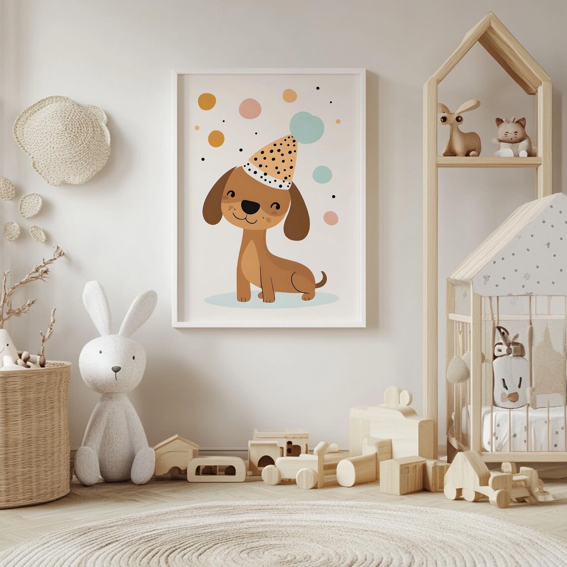 Grinning Brown Puppy in Party Hat With Confetti Circles Poster - Image 4