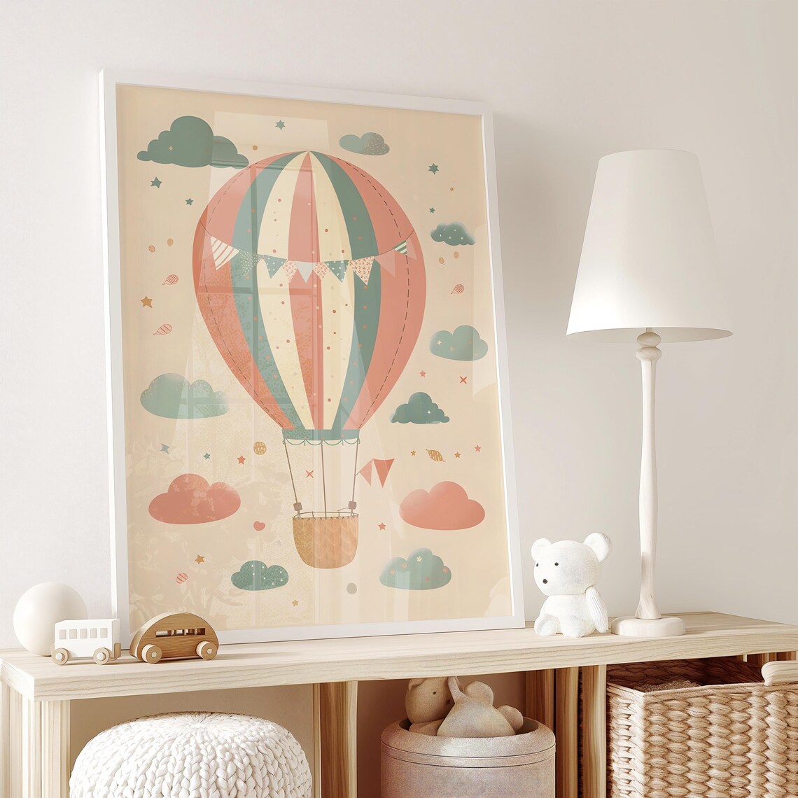 Coral And Teal Striped Hot Air Balloon Vintage Nursery Poster - Image 2