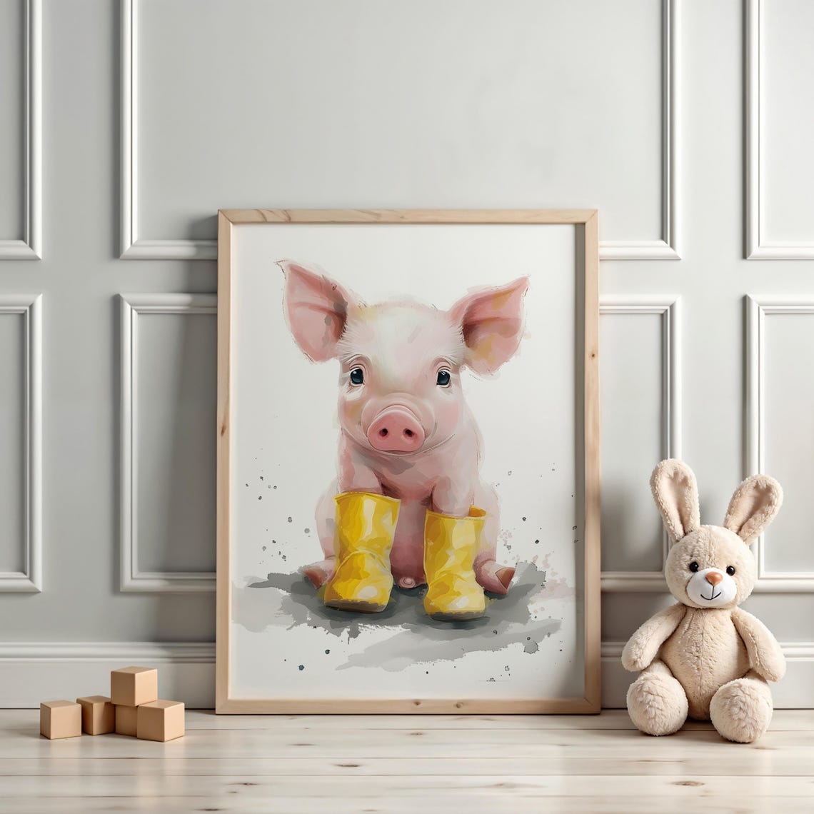 Pink Piglet in Bright Yellow Rain Boots Watercolor Splash Poster - Image 3
