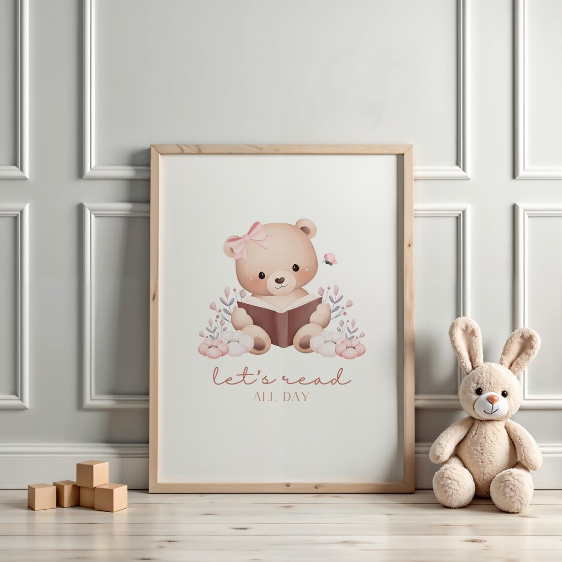 Let's Read All Day Teddy Bear With Book Floral Quote Art Poster - Image 3