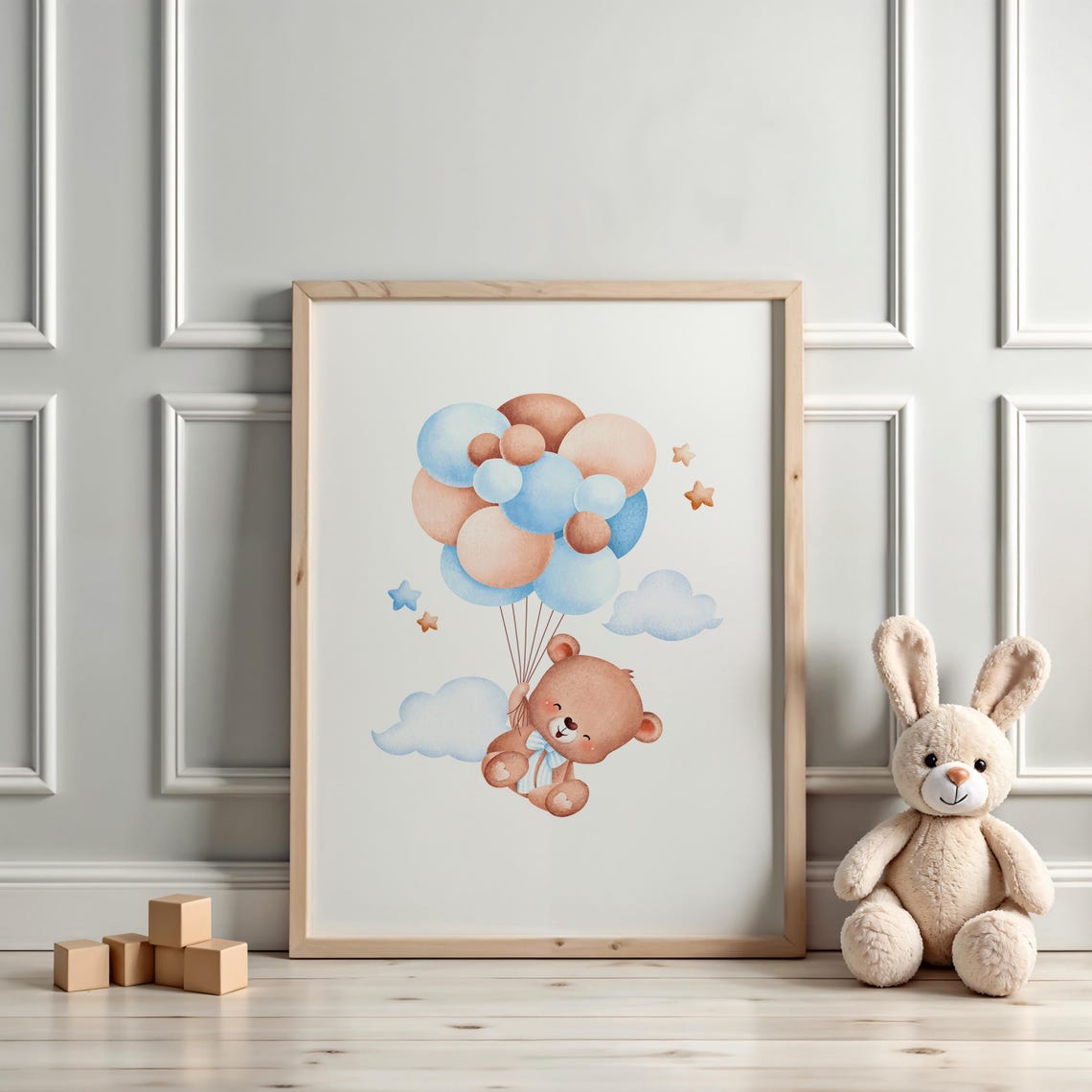 Watercolor Teddy Bear Floating With Pastel Balloons Nursery Poster - Image 3