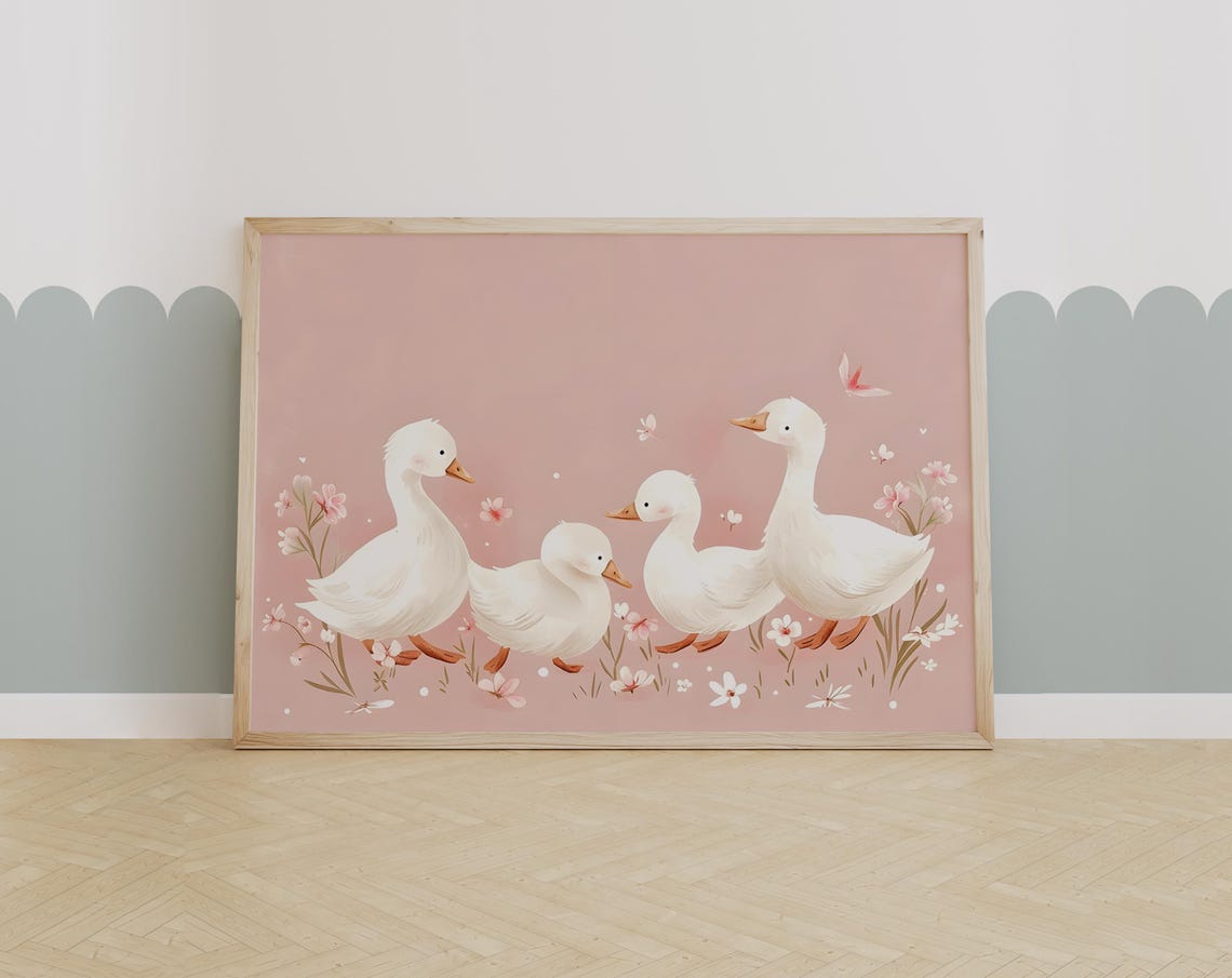 Quirky White Geese Strolling Through Blossoms on Blush Pink Poster
