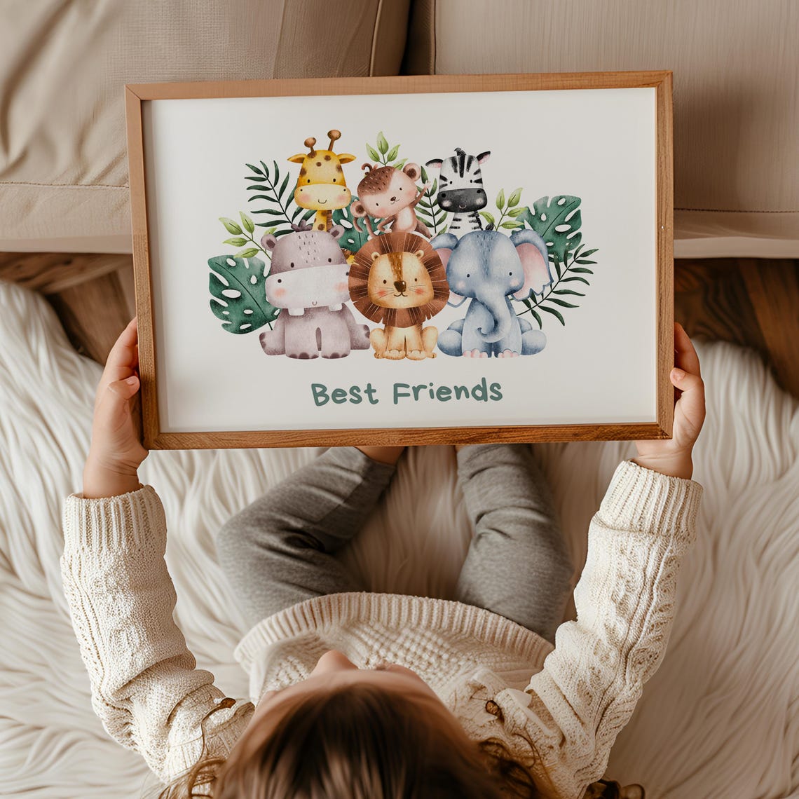 Best Friends Safari Animals Jungle Leaves Watercolor Nursery Poster - Image 3