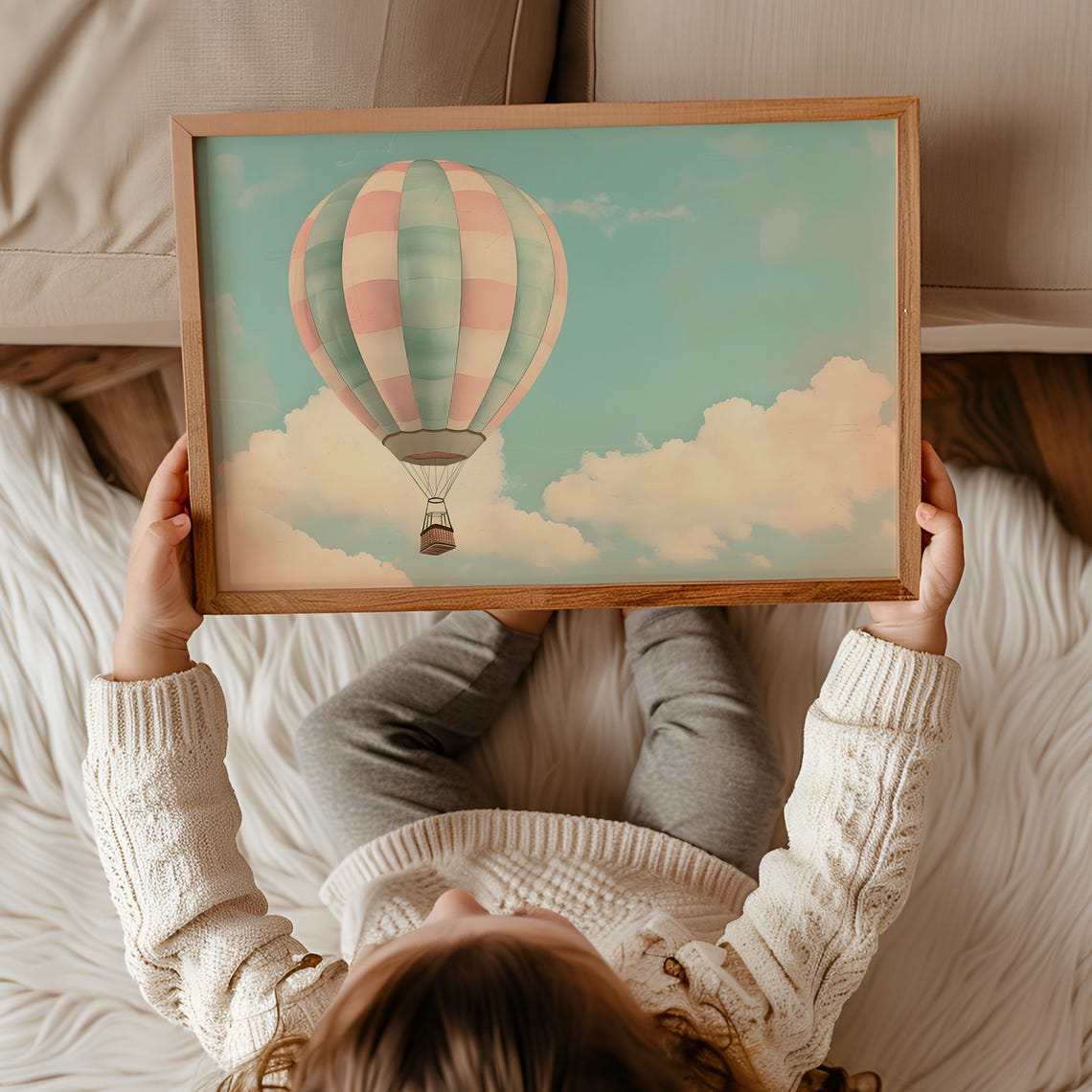 Vintage Hot Air Balloon In Clouds Pastel Sky Nursery Wall Decor Poster - Image 3