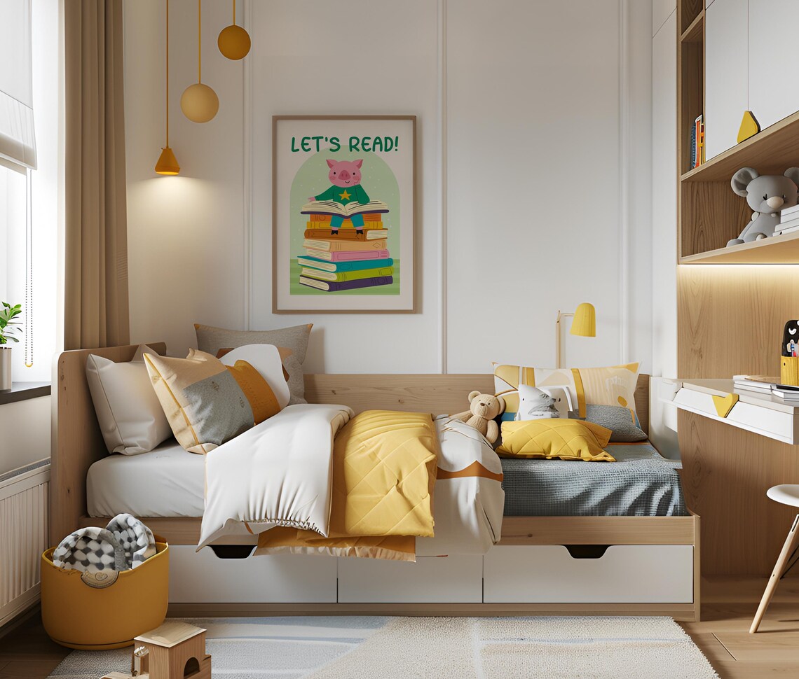 Let's Read Pink Pig Reading On Book Stack Kids Room Art Poster - Image 5