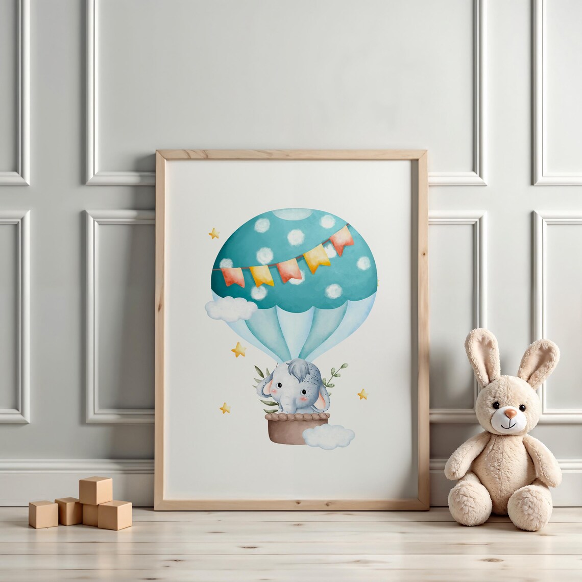 Baby Elephant Hot Air Balloon Sky Adventure Nursery Decor Poster - Image 3