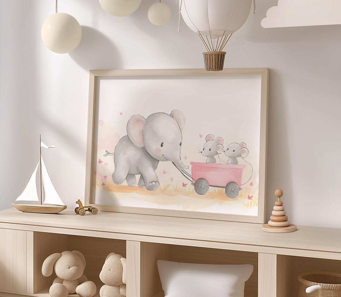 Baby Elephant Pulling Pink Wagon With Two Mice Nursery Poster - Image 2