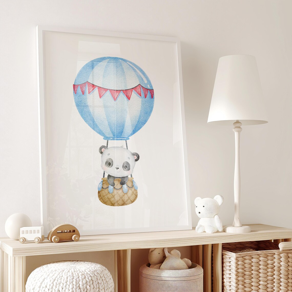 Baby Panda Riding Blue Hot Air Balloon Watercolor Nursery Poster - Image 2
