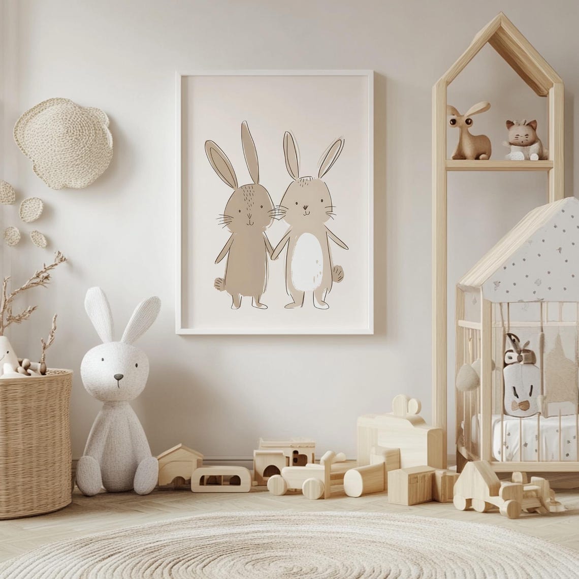 Hand-Drawn Rabbit Pair Holding Paws Neutral Beige Nursery Poster - Image 4