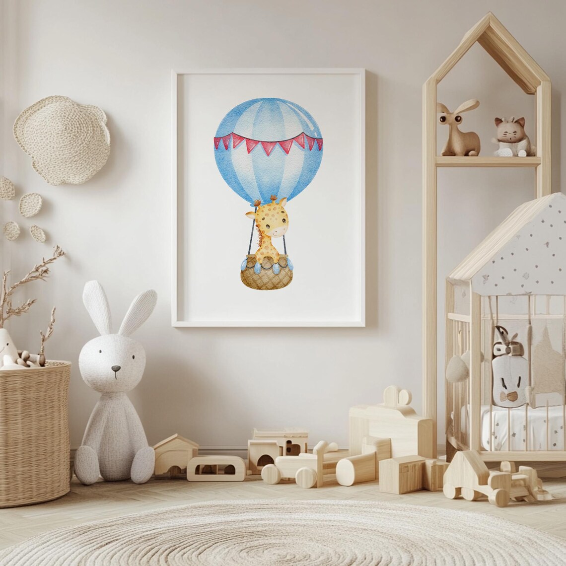 Baby Giraffe Riding In Hot Air Balloon Watercolor Nursery Poster - Image 4