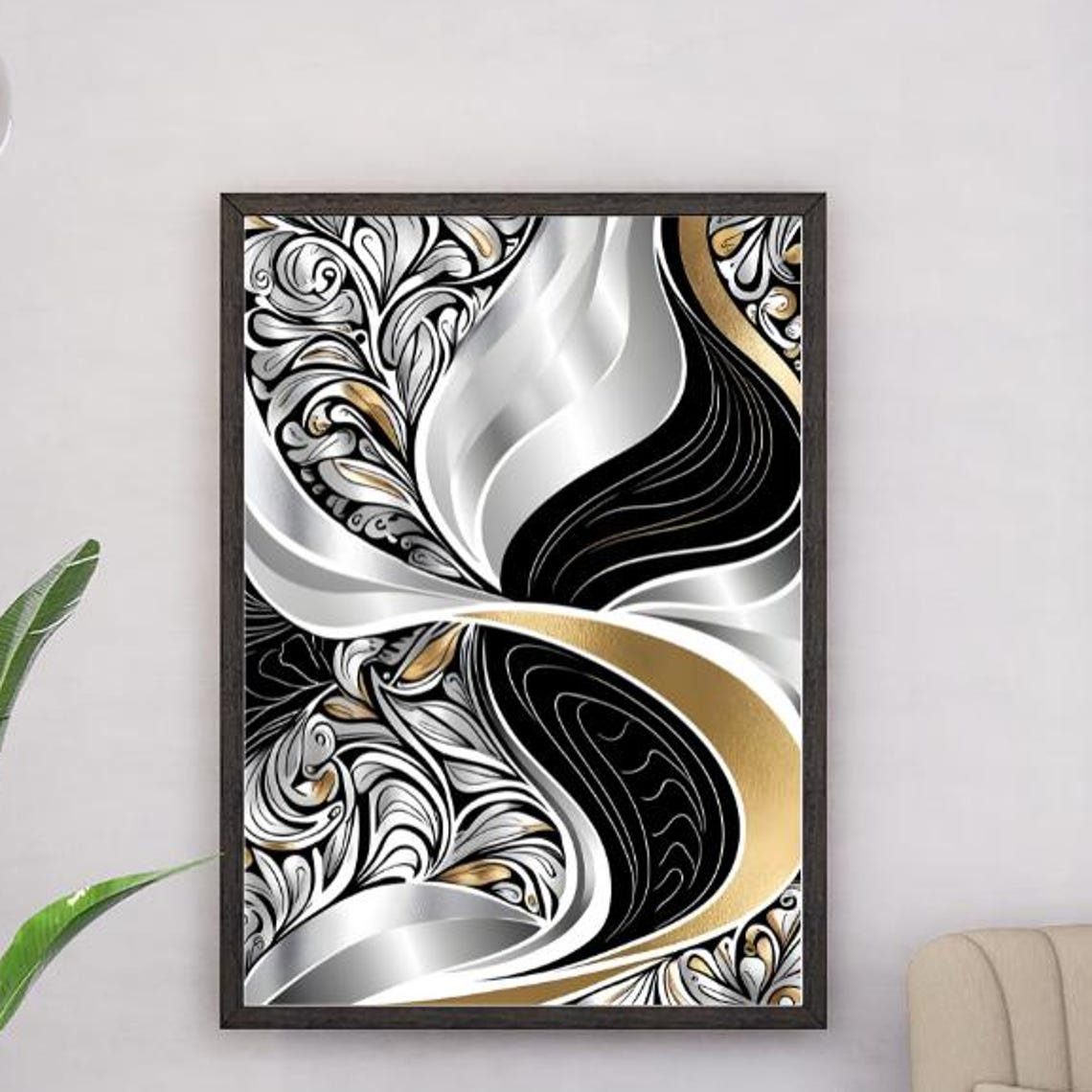 Black Silver Gold Abstract Feather Swirls Modern Glamour Poster