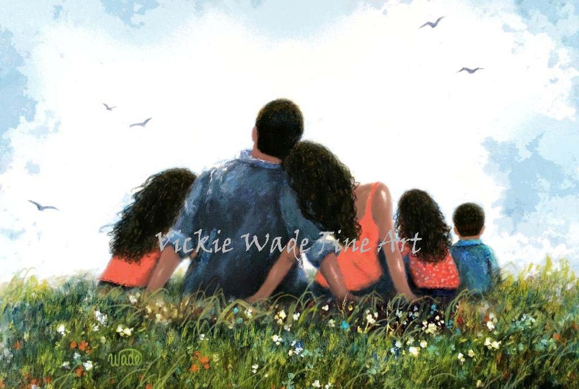 Mother Father and Three Children Hugging in a Wildflower Meadow Poster