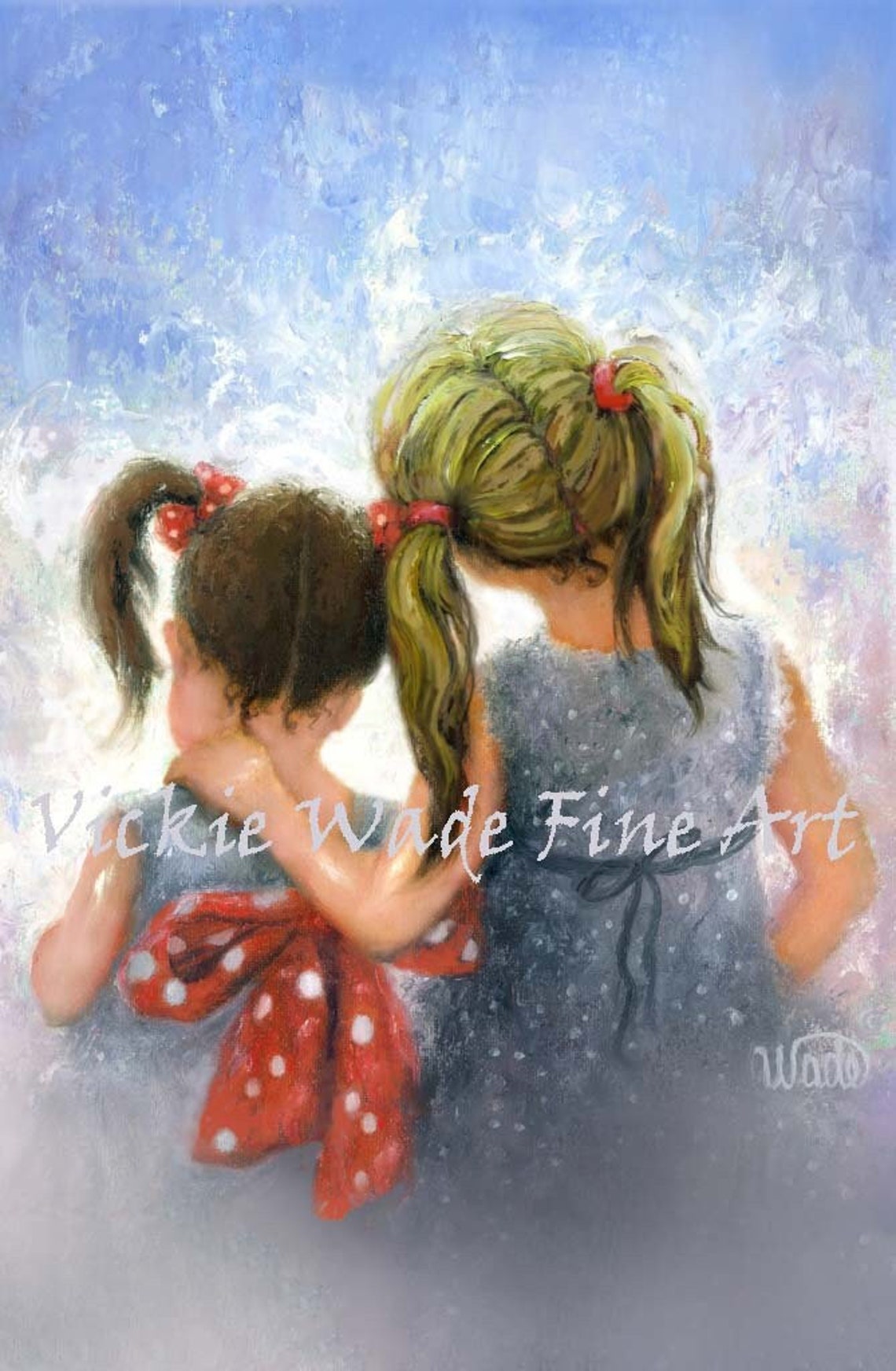 Two Little Sisters Hugging With a Red Polka Dot Bow Wall Art