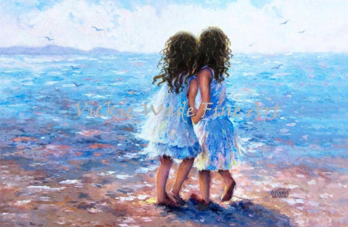 Two Sisters With Curly Hair Walking Into Ocean In White Dresses Poster