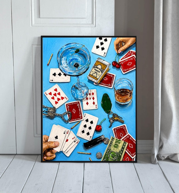 Poker Night Playing Cards Martini Whiskey Still Life Blue Table Poster