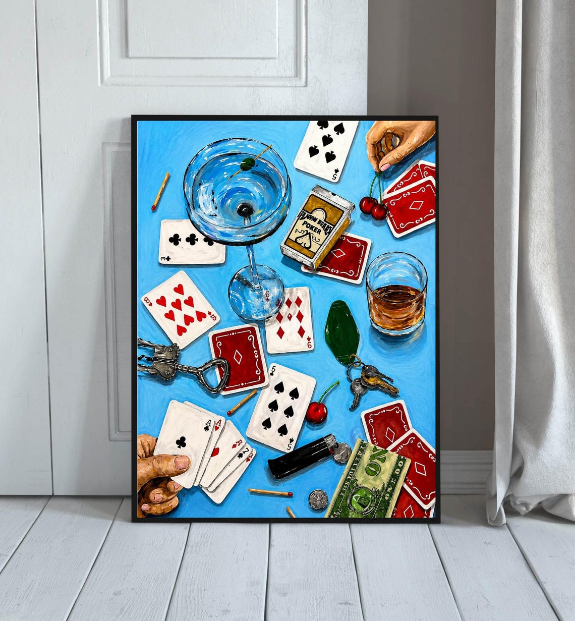 Poker Wall Art Printable Playing Cards Artwork Casino Game Decor Martini Cocktail Print Blue Retro Gambling Poster