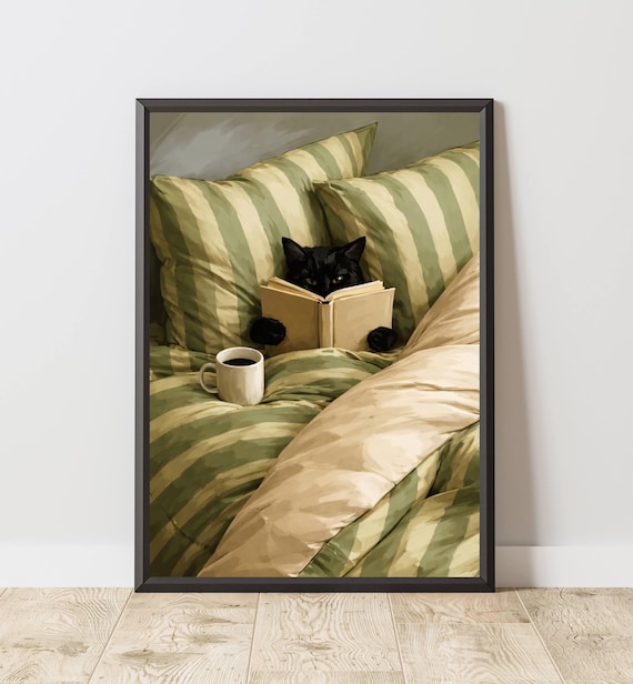 Black Cat Reading Nook Print Cozy Literary Wall Art Book Lover Decor With Bed Poster Bedroom