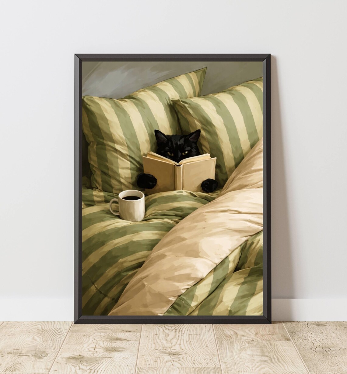 Black Cat Reading Book In Bed Cozy Literary Green Stripe Blanket Poster