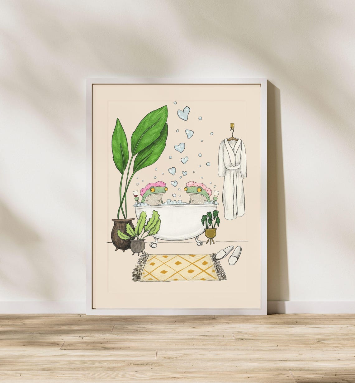 Two Frogs In Bathtub Drinking Wine Hearts Whimsical Bathroom Wall Art