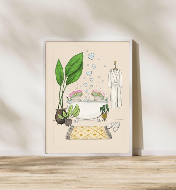 Frogs In Bathtub Print Funny Bathroom Wall Art Romantic Couple Gift Drinking Wine Anniversary Present