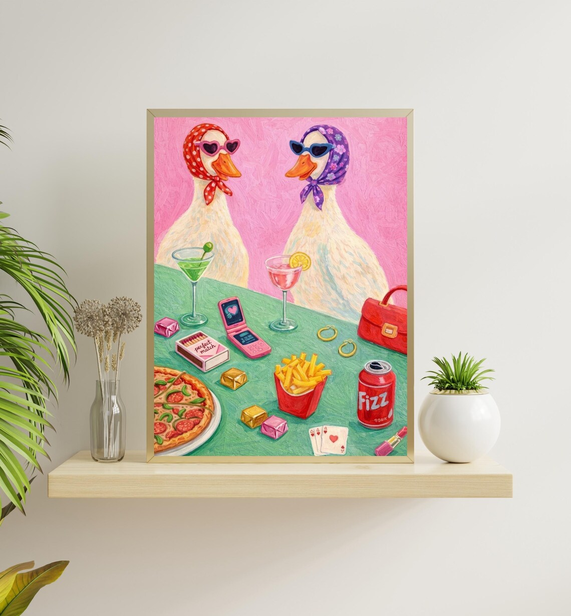 Chic Party Birds Sunglasses Cocktail Pizza Maximalist Fun Animal Poster