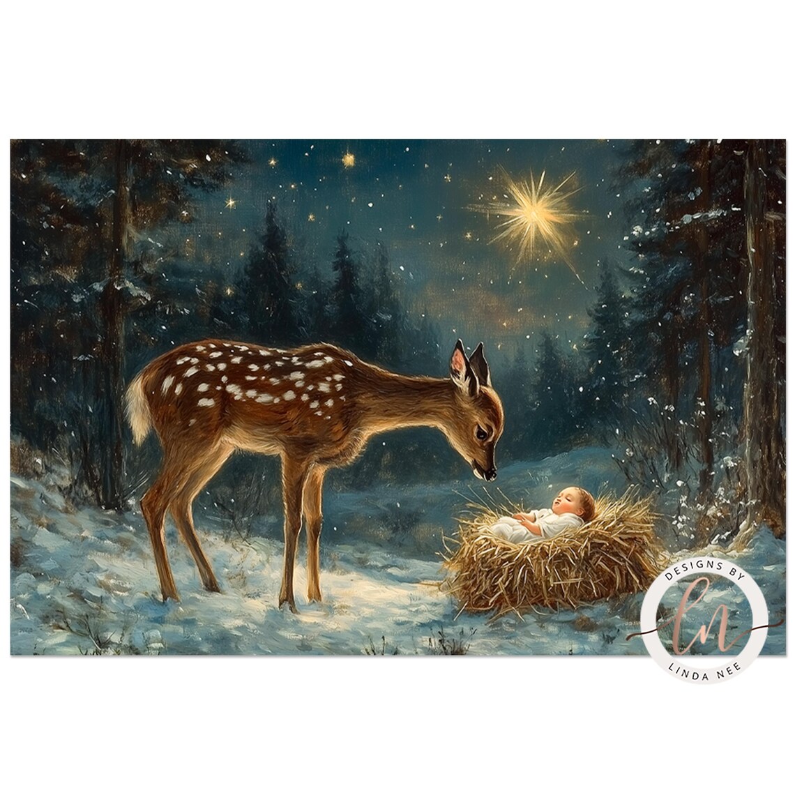 Baby Jesus and Deer Nativity Christmas Wall Art Print - Image 4