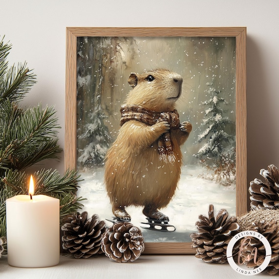 Capybara Cute Winter Woodland Animals Art Print