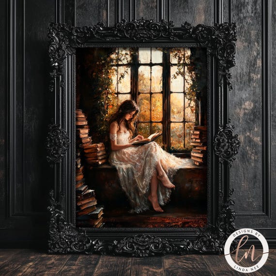 Vintage Victorian Woman Reading, Dark Academia Art Print