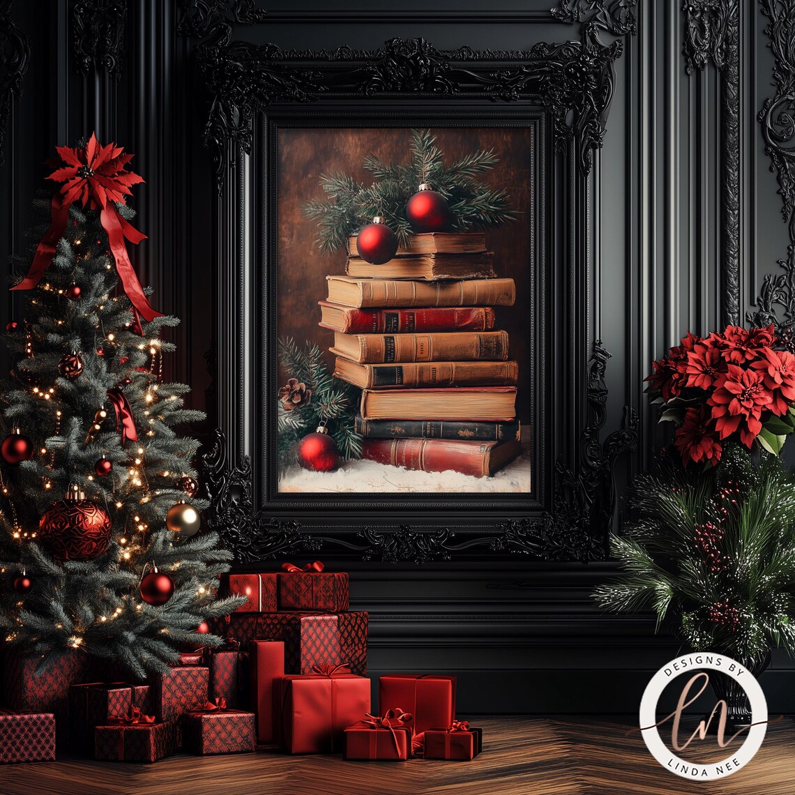 Christmas Book Stack, Dark Academia Vintage Art Print - Image 4