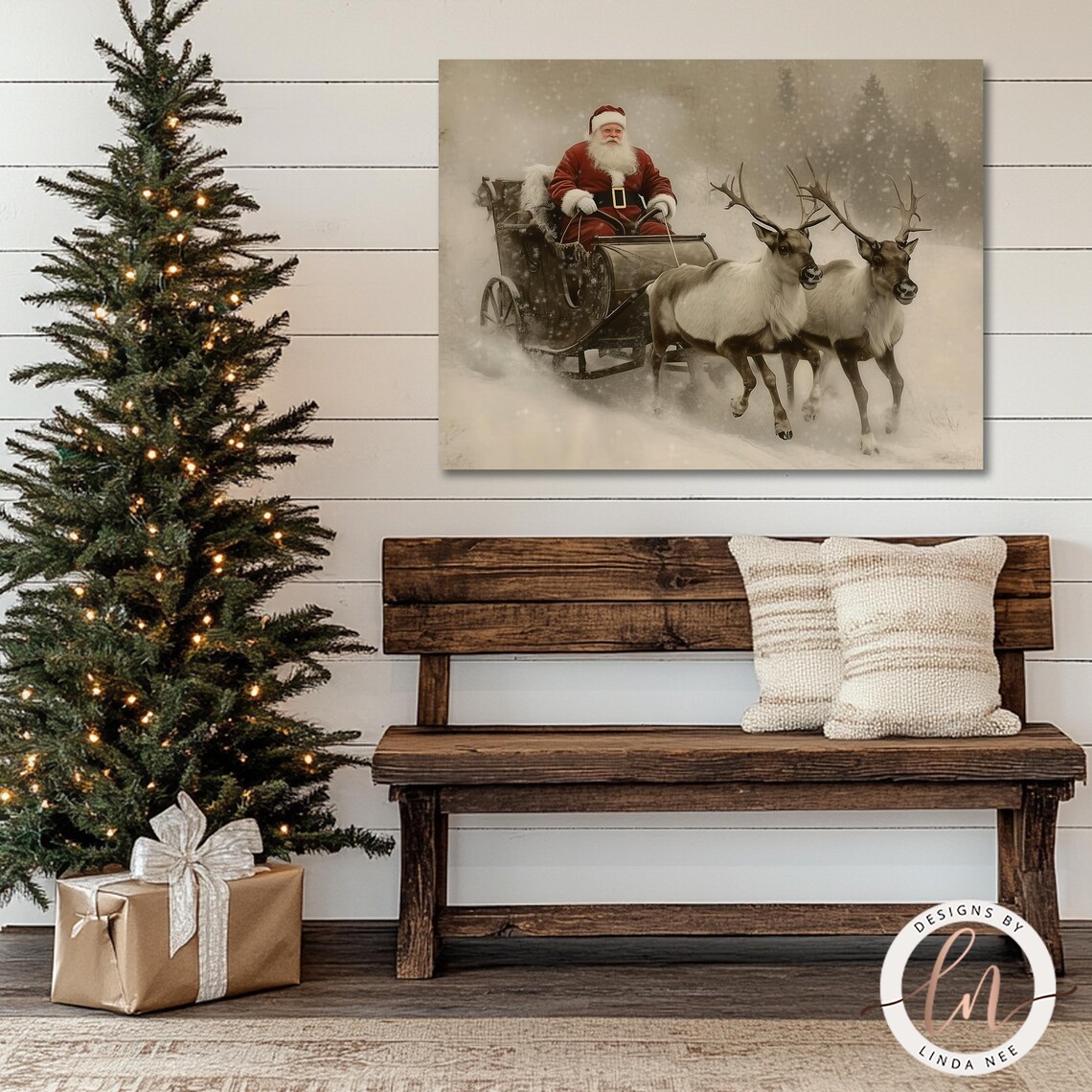 Vintage Santa Claus Sleigh With Reindeer Art Print - Image 2