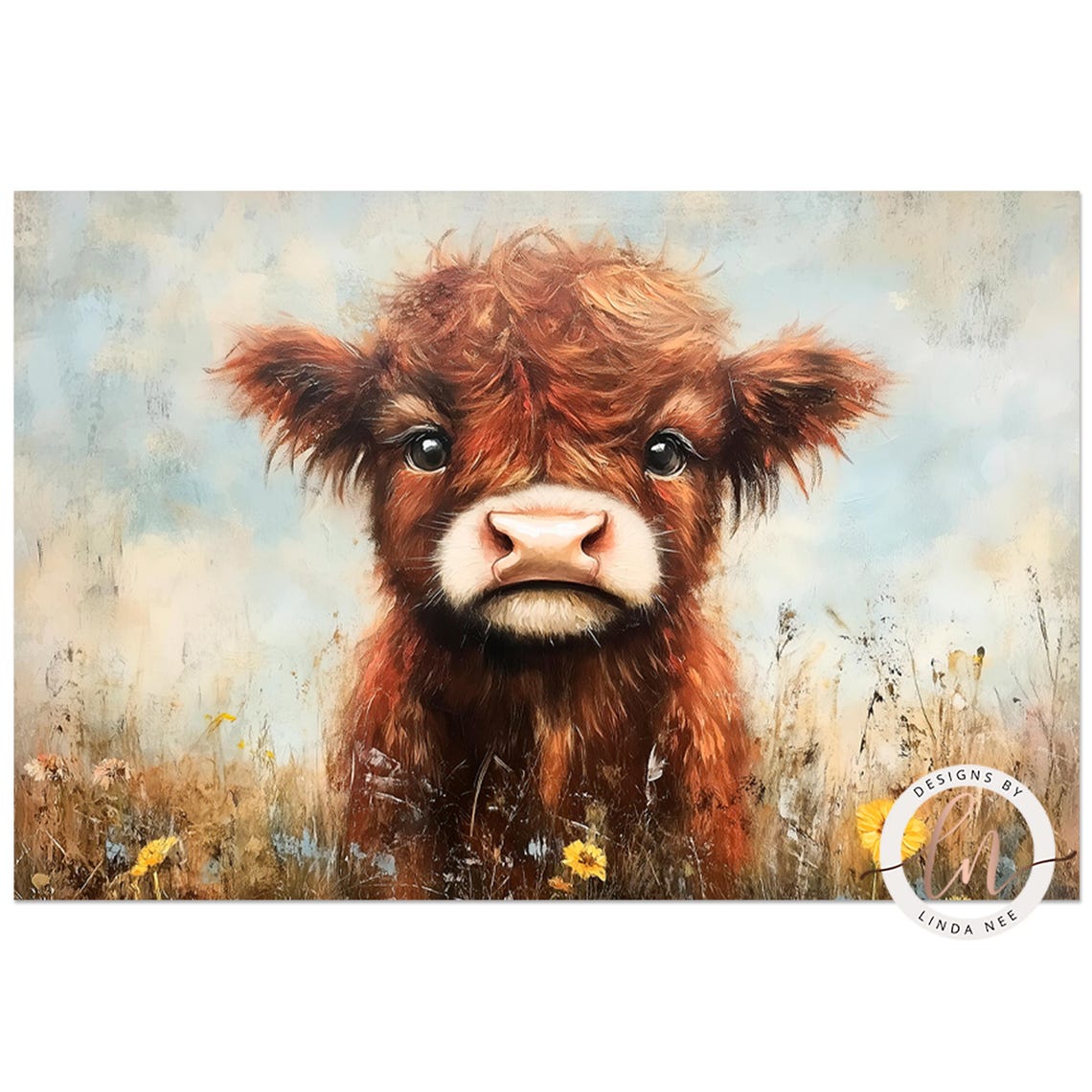 Rustic Farmhouse Highland Cow In Wildflowers Oil Painting Vintage Cow Print Country Nursery Decor Antique Wildflowers Landscape 6 Spr018 - Image 2