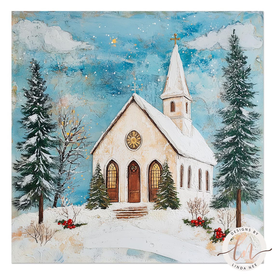 Country Church Christmas Scene Oil Painting Wall Art Large Winter Metal Print Christian Aesthetic Modern Farmhouse Decor Rustic 6 Xms033 - Image 2