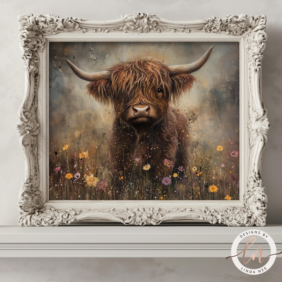 Scottish Highland Cow in Wildflowers, Vintage Art Print - Image 4