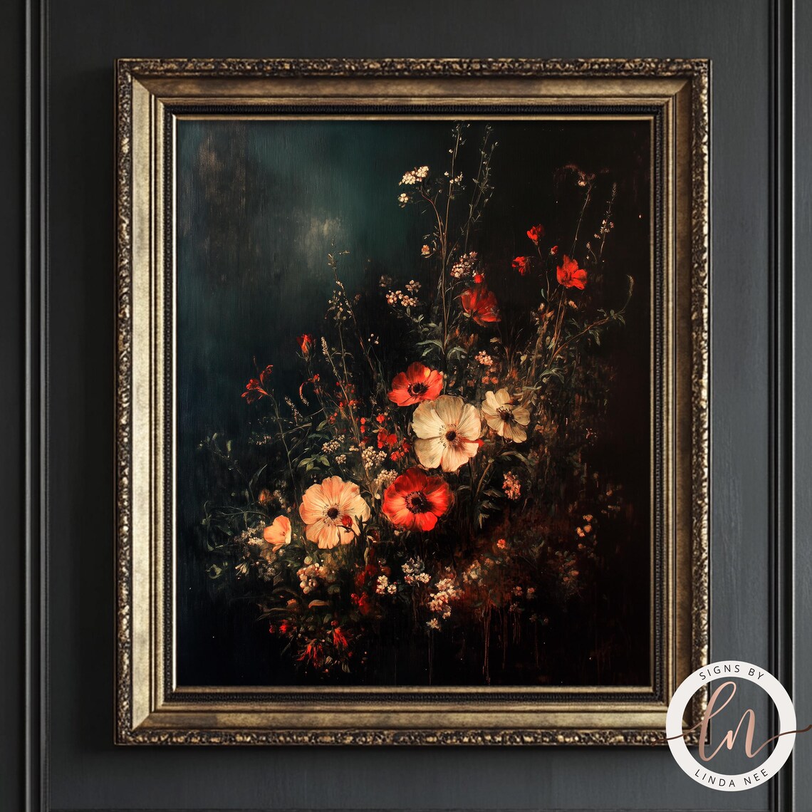 Dark Floral Painting, Vintage Moody Wall Art Print