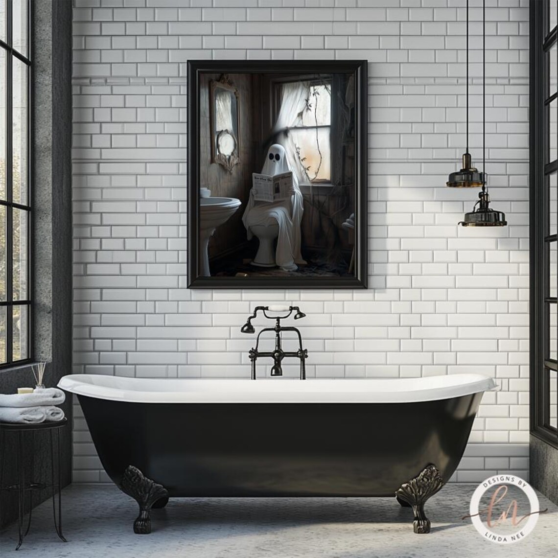 Funny Ghost Sitting On Toilet Reading Newspaper Spooky Bathroom Wall Poster - Image 3