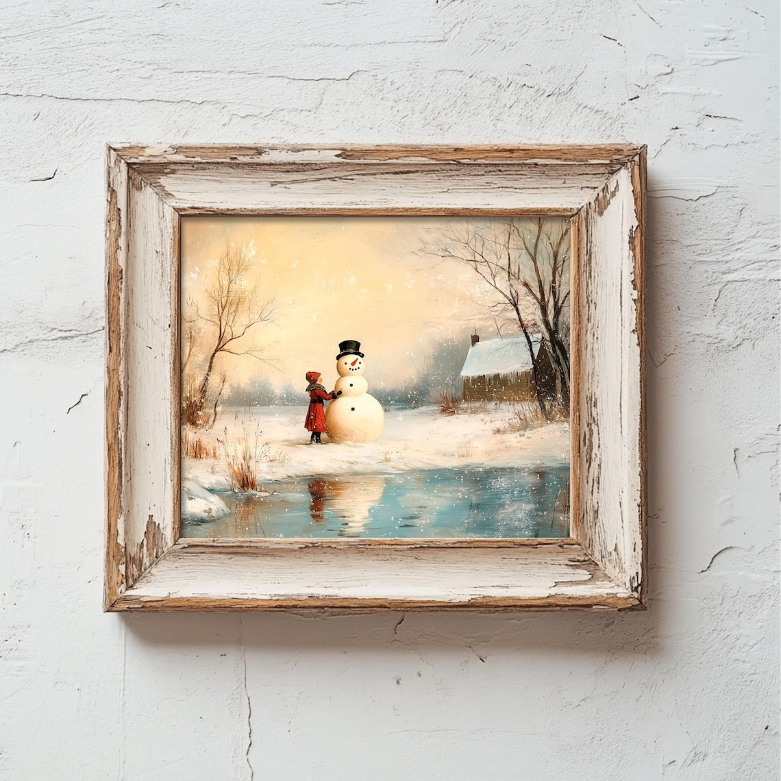 Vintage Winter Snowman Rustic Landscape Art Print - Image 3