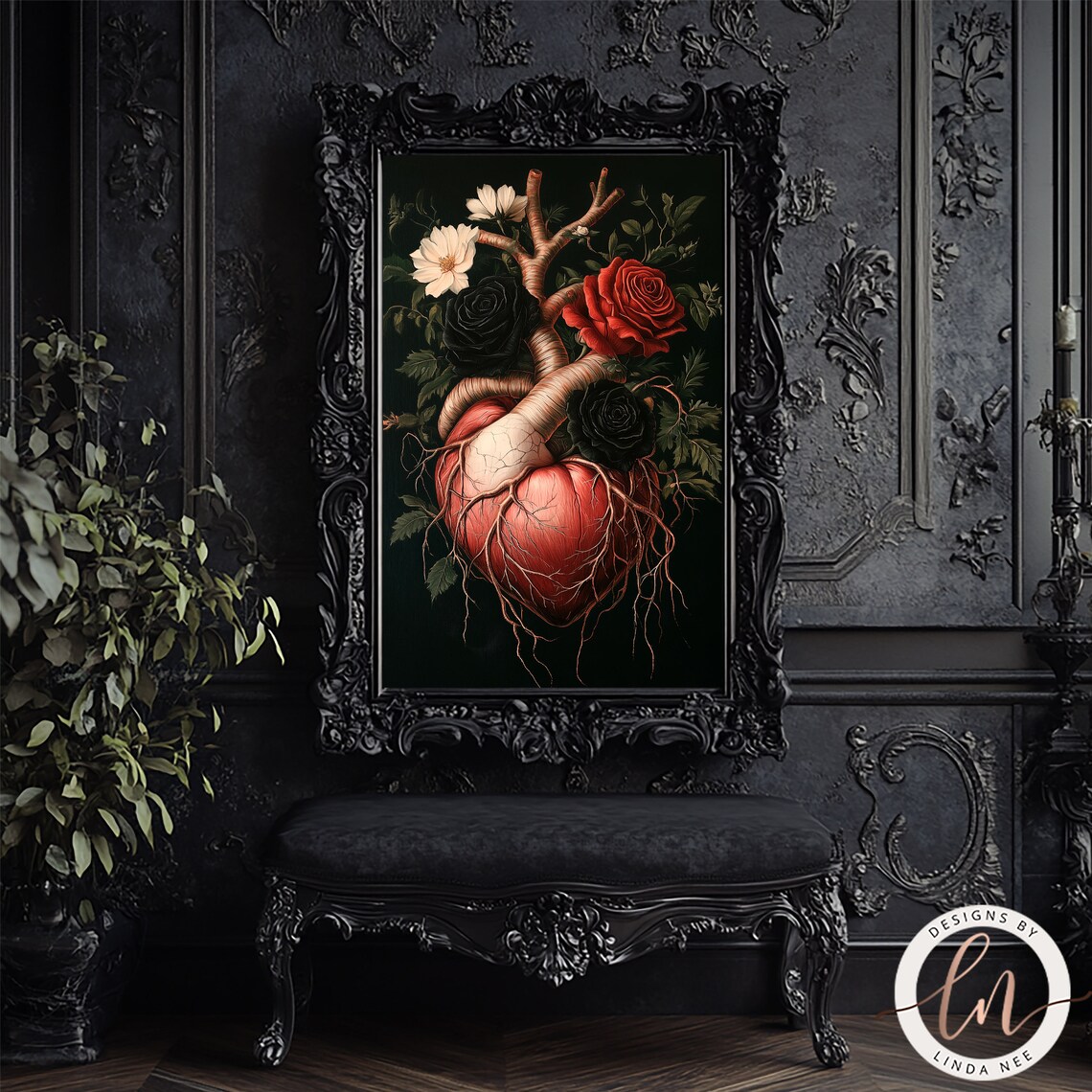 Floral Heart Anatomy, Dark Academia Wall Art Print - Image 2